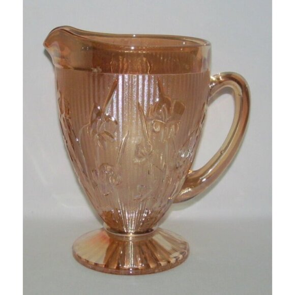 Jeannette Glass IRIS AND HERRINGBONE Marigold Iridescent Large Ftd Water Pitcher - Picture 1 of 4